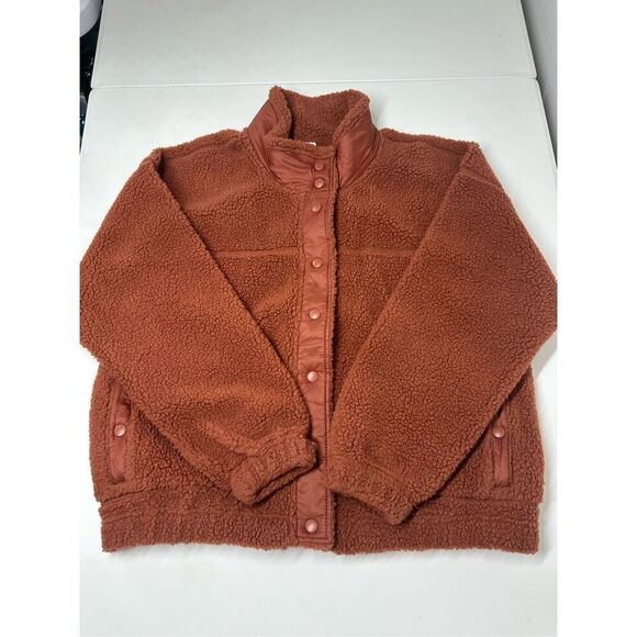 Old Navy Women Rust Fleece Sherpa Snap Button Jacket Fall Teddy Nylon Trim Sz L - Picture 4 of 9
